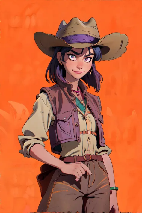 <lora:tomboy:1.0> tomboy woman wearing cowboy outfit, fringed vest, cowboy hat, desert background, wild west, closed mouth smile...