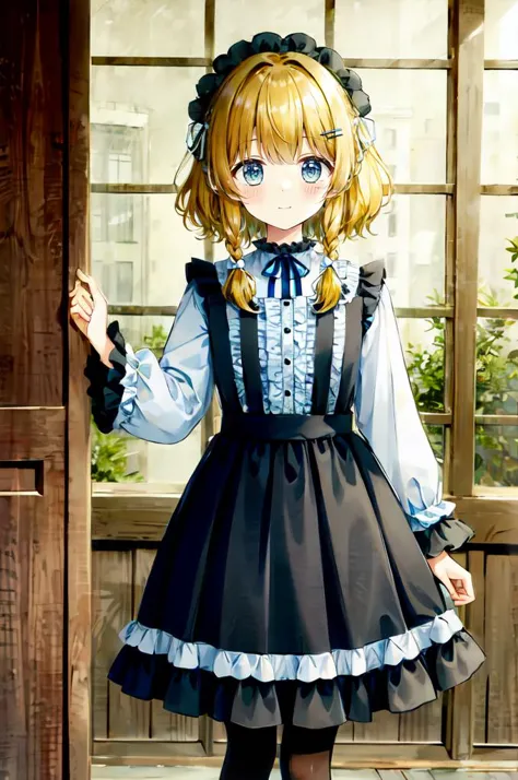 anime girl in a black and blue dress standing in front of a door