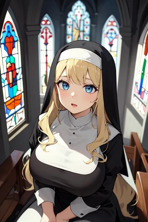 a woman in a nun outfit sitting in a church