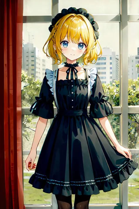 anime girl in black dress standing in front of window with city view