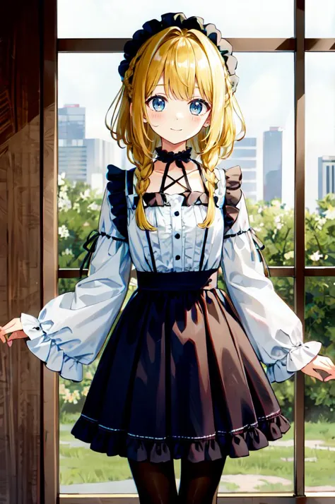 anime girl in a dress standing in front of a window