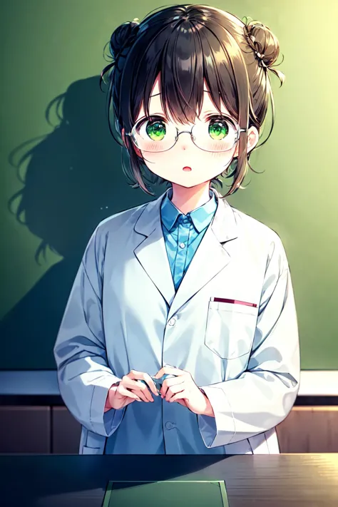 anime girl in lab coat standing in front of a blackboard