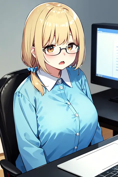 anime image of a woman sitting at a desk with a laptop