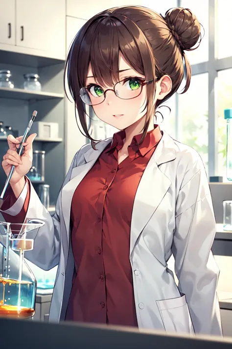 anime girl in lab coat holding a beaker and a glass