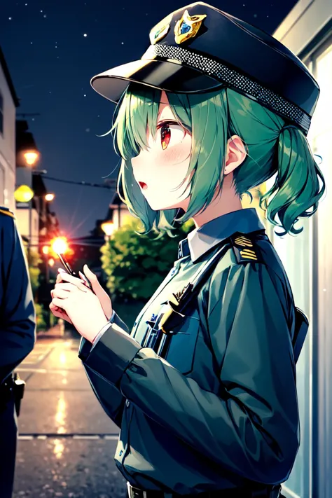 anime girl in uniform looking at her cell phone while standing on the street