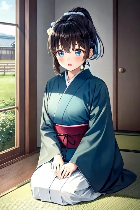 anime girl in kimono outfit sitting on the floor looking out the window