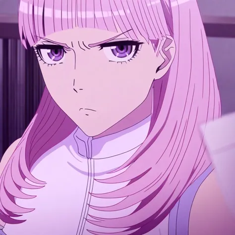 1girl, mid-forearm length, detailed seams, symmetrical bangs, straight pink hair, high collar, violet eyes, annoyed expression