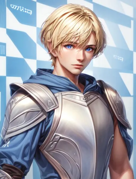 best quality, masterpiece, highres, detailed, digital artwork, <lora:Detail - add_detail:0.2>, SoftBack, checkered background, blue and white checkered background, photo shoot, <lyco:SoftBack:0.9>, WillKenrith, 1boy, short hair, armor, blonde hair, blue eyes,  <lora:Character - WillKenrith:0.6>,