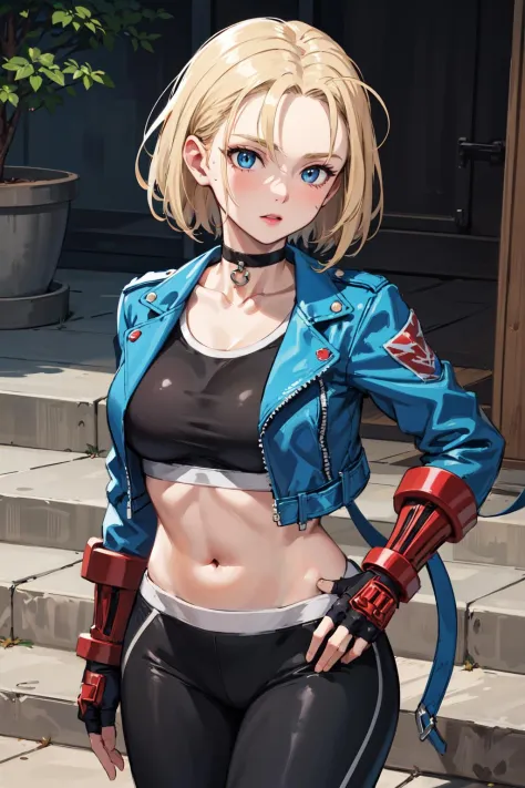 masterpiece, best quality, highres, 1girl, cammy white, short hair, antenna hair, blue eyes, scar on cheek, large breasts, black choker, collarbone, blue jacket, cropped jacket, open jacket, sports bra, midriff, fingerless gloves, black gloves, black pants, standing, cowboy shot, stair, outdoors,