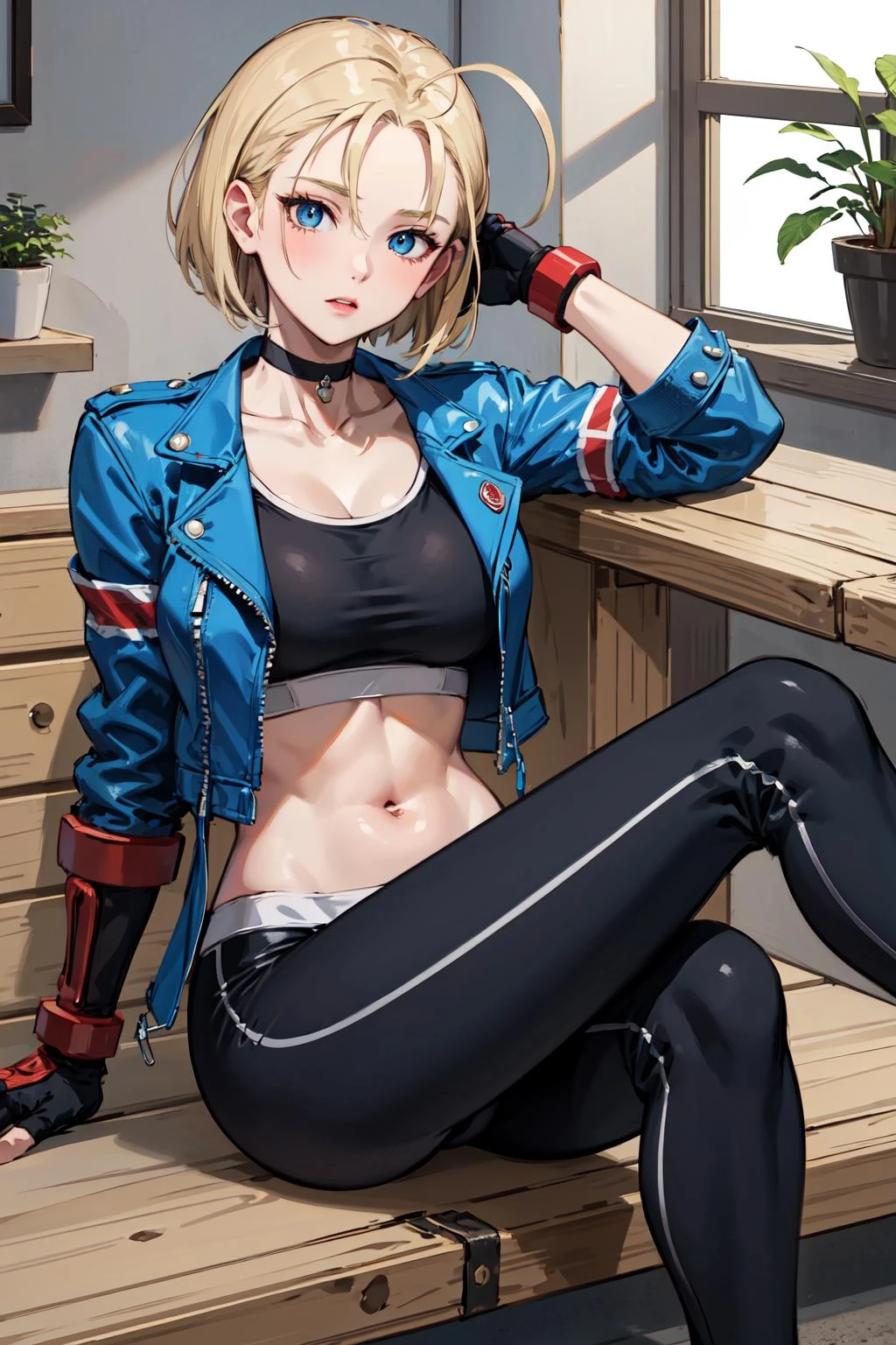 masterpiece, best quality, highres, 1girl, cammy white, short hair, antenna hair, blue eyes, scar on cheek, large breasts, black choker, collarbone, blue jacket, cropped jacket, open jacket, sports bra, midriff, fingerless gloves, black gloves, black pants, sitting, indoors,