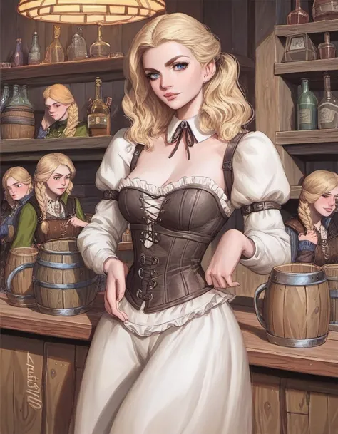 Mittelalterliche Fantasy-Bardame steht an der Bar in der Taverne und schaut den Betrachter an,  corset, Blondes Haar, Mittel_Brüste, Punktzahl_9, Punktzahl_8_hoch
 