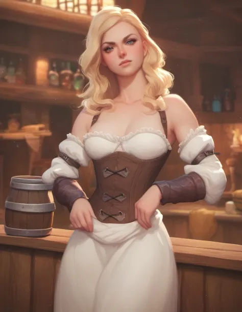 Mittelalterliche Fantasy-Bardame steht an der Bar in der Taverne und schaut den Betrachter an,  corset, Blondes Haar, Mittel_Brüste, Punktzahl_9, Punktzahl_8_hoch
 