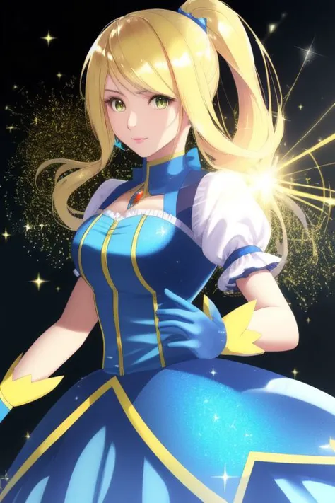 (kanamemadokaoutfit:1.2), (samus aran:1) dressed in (puffy (blue and yellow) magical girl outfit:1.2), (long straight blonde hai...