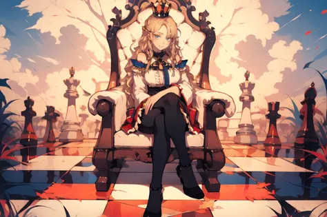 ultra detailed, masterpiece, best quality, solo, soft smile, light smile, head tilt, sitting, hugging own legs, queen, mini crown, throne, throne room, leaning to the side, 
1girl, blue eyes, very long hair, blonde hair, long blonde hair, french braid, bangs, medium breasts,
hair ribbon, frilled choker, criss-cross halter, sleeveless dress, high-waist skirt, backless dress, waist bow, detached sleeves, frilled sleeves, wide sleeves, pantyhose, patterned legwear, mary janes,
(blue theme:1.3), COLORED EYELASHES, yellow eyelashes,