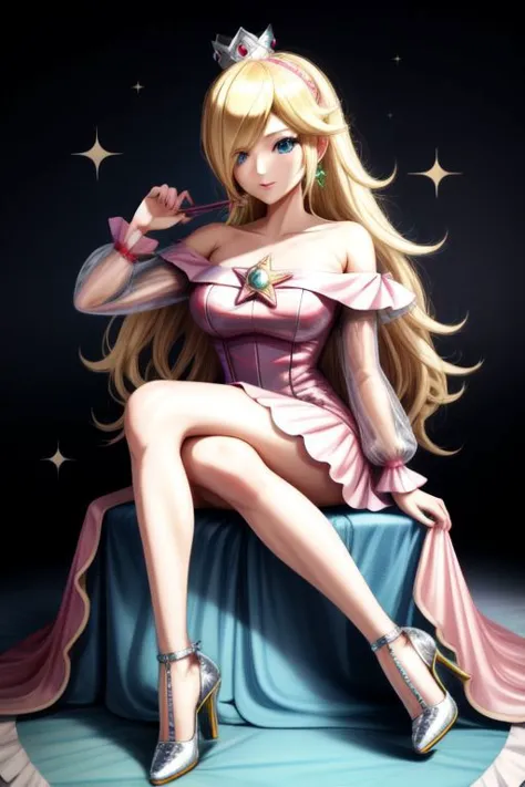 professional detailed photo, (samus aran:1.2) dressed in (latex (Rosalina off-the-shoulder pink dress:1.2), (long straight blonde hair), (jewelry, pink off-the-shoulder dress, princess crown, jewel brooch, long wide sleeves), (perfect face, beautiful face,...