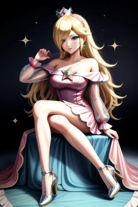 professional detailed photo, (samus aran:1.2) dressed in (latex (Rosalina off-the-shoulder pink dress:1.2), (long straight blonde hair), (jewelry, pink off-the-shoulder dress, princess crown, jewel brooch, long wide sleeves), (perfect face, beautiful face, symmetric face), (shiny glossy translucent clothing, gleaming oily latex fabric :1.1), (sparkles, sparkling hair, sparkling clothes, sparkles around face:1.3), (high heels, sitting, shoes focus), 
(8k, RAW photo, photo-realistic, masterpiece, best quality, absurdres, incredibly absurdres, huge filesize, extremely detailed, High quality texture, physically-based rendering, Ray tracing)