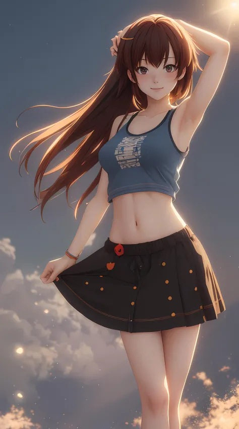 ((anime style)), (Best quality, masterpiece, ultra high res), 20 year old woman, small breast, Choppy layers, Indian, full body, petite body, medium shot, [body freckles], [light pubic hair]