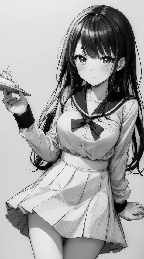 (masterpiece, top quality, best quality, ultra high res, manga style, sketch, hand drawn, black and white), girl, school uniform...