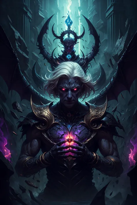 a digital painting of a male demon holding a glowing heart