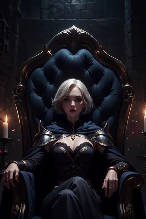 1 girl, adult  woman, freckles, ruby eyes, silver short hair,
portrait, character focus, looking up, solo, (full body:0.7), detailed background, detailed face, (evil dark medieval fantasy theme:1.1), royal  ruler,  floating particles, rose petals, sitting on throne, soft smile, royal bedroom background, symmetrical composition, sidelighting, cinematic atmosphere,    long dark blue cape,  
<lora:LOL:0.5>,