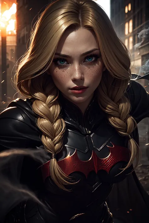 1 girl, adult (elven:0.7) woman, freckles, jade eyes, light blonde fishtail braid,
portrait,  looking at viewer, solo, (full body:0.6), detailed background, close up, focusing, fighting stance,  batman outfit, cape, urban battle scene,      concrete,   smoke,  battle scene, majestic atmosphere,
<lora:LOL:0.5>,