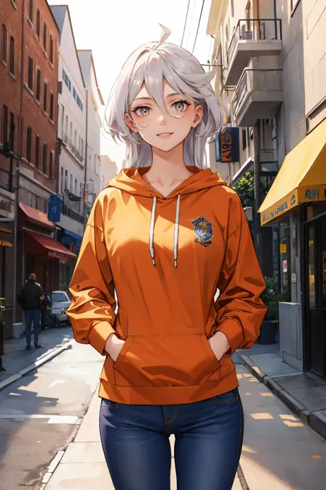 anime girl in orange hoodie standing on a city street