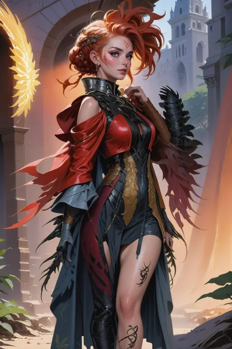 a woman in a red and black outfit with wings and a sword