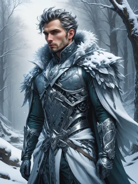 ais-rbts Man wearing an outrageous fashion outfit, Snow-covered forest with frozen stream in the background,,,,  elegant, sharp focus, illustration, highly detailed, digital painting, concept art, matte, art by WLOP and Artgerm and Greg Rutkowski and Alphonse Mucha, masterpiece