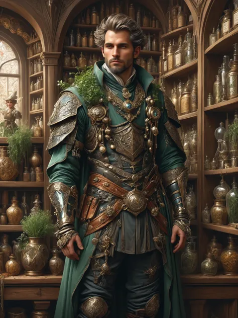 ais-rbts Man wearing an outrageous fashion outfit, Medieval apothecary with herb-filled shelves in the background,,,,  intricate, elegant, highly detailed, digital painting, artstation, concept art, smooth, sharp focus, illustration, art by artgerm and greg rutkowski and alphonse mucha H 1024