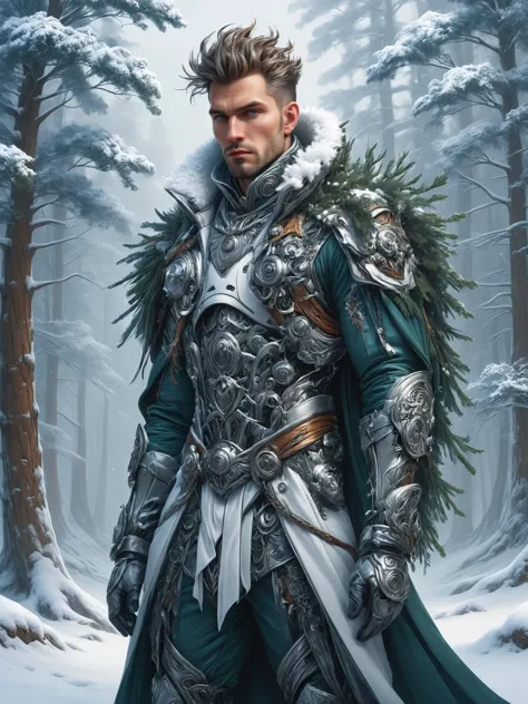 ais-rbts Man wearing an outrageous fashion outfit, Snow-covered pine forest in winter in the background,,,,  intricate, elegant, highly detailed, digital painting, artstation, concept art, smooth, sharp focus, illustration, art by artgerm and greg rutkowski and alphonse mucha and loish and WLOP
