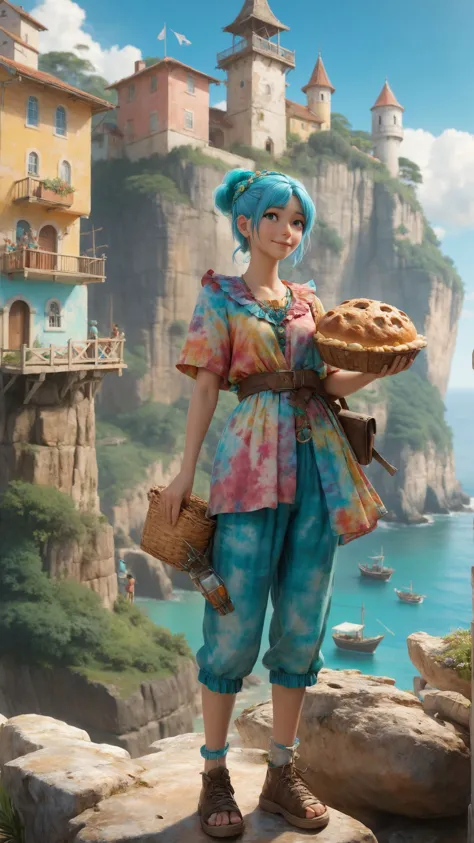 Baker holding freshly baked bread wearing a mad-tiedye outrageous fashion outfit, in the background A seaside village with paste...