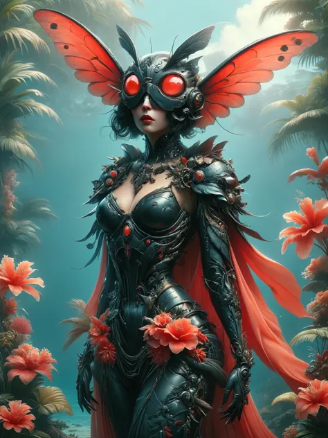 ais-rbts mothman wearing an outrageous fashion outfit, Tropical lagoon with vibrant coral in the background,,,,  elegant, sharp ...