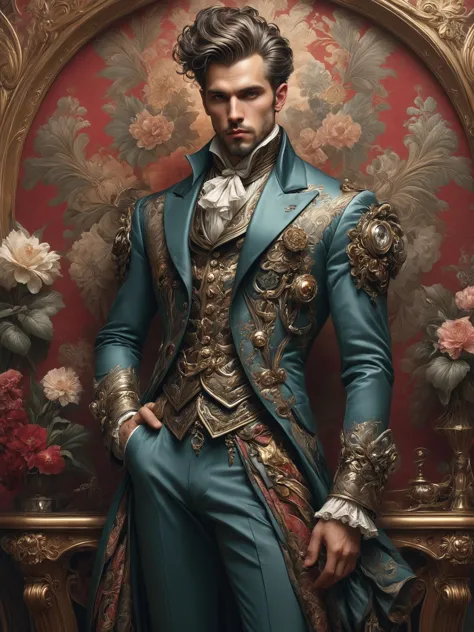 ais-rbts Man wearing an outrageous fashion outfit, Victorian parlor with intricate wallpaper in the background,,,,  elegant, highly detailed, digital painting, artstation, concept art, smooth, sharp focus, illustration, art by artgerm and greg rutkowski and alphonse mucha