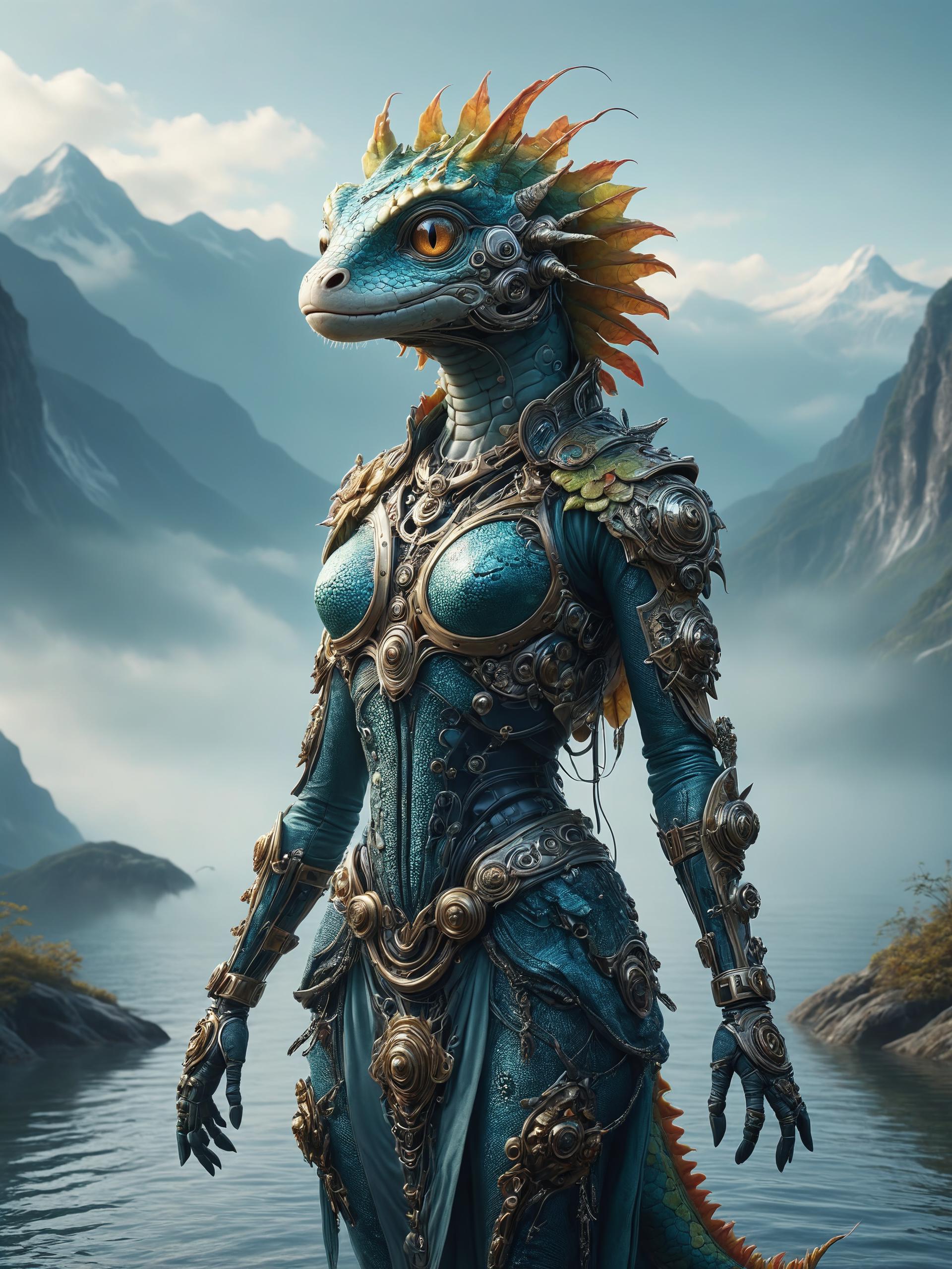 Anthro Alligator Girl Porn - A woman in armor standing on top of a mountain with a dragon - SeaArt AI