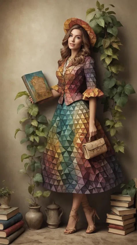 Victorian librarian with stacked books wearing a mad-triangles outrageous fashion outfit, (Kicking up heels, carefree playfulness), in the background A vine-covered cottage in the heart of a Tuscan vineyard, where rows of grapevines stretch as far as the eye can see, and a warm breeze carries the scent of ripening fruitGorgeous splash of vibrant paint,
