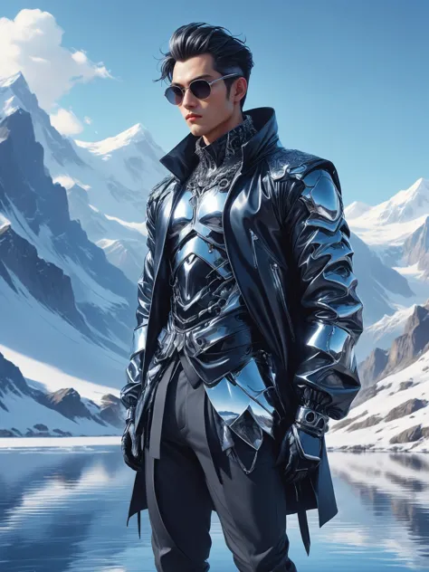 ais-rbts Man wearing an outrageous fashion outfit, Tranquil lake reflecting snowy peaks in the background,,,,  elegant, ultra de...