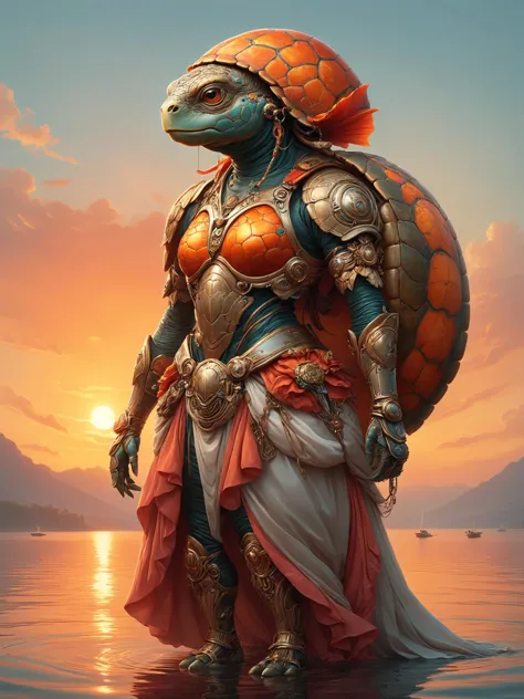 a woman in armor standing in the water with a turtle on her back