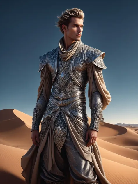 ais-rbts Man wearing an outrageous fashion outfit, Moonlit desert with dunes stretching in the background,,,,  elegant, sharp focus, soft lighting, illustration, by Ruan Jia and Mandy Jurgens and William-Adolphe Bouguereau, Artgerm