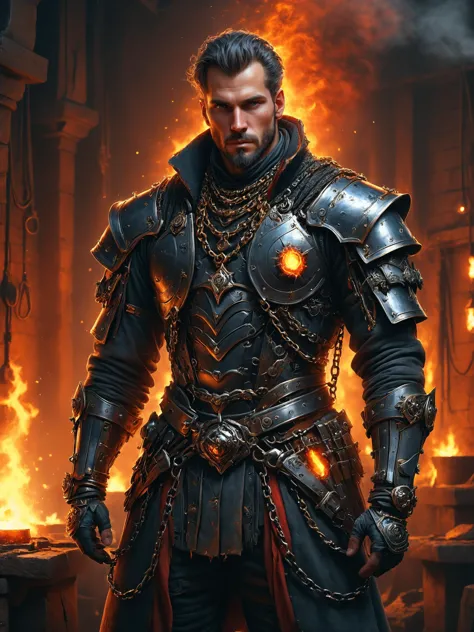 ais-rbts Man wearing an outrageous fashion outfit, Medieval blacksmith's forge with glowing embers in the background,,,,  intricate, elegant, highly detailed, digital painting, artstation, concept art, addiction, chains, smooth, sharp focus, illustration, art by Ilja Repin, octane render, RPG_portrait