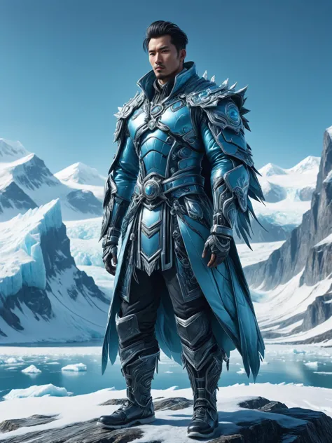 ais-rbts Man wearing an outrageous fashion outfit, Glacial fjord with towering icebergs in the background,,,,  subtle oriental features, medium shot, mid-shot, highly detailed, trending on artstation, Unreal Engine 4k, cinematic wallpaper by Stanley Artgerm Lau, WLOP, Rossdraws, James Jean, Andrei Riabovitchev, Marc Simonetti, and Sakimichan