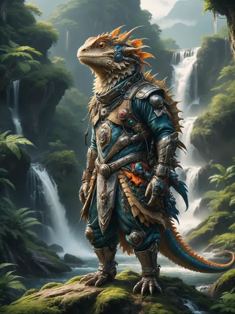 ais-rbts anthro Bearded Dragon wearing an outrageous fashion outfit, Hidden waterfall in deep mountain forest in the background,...