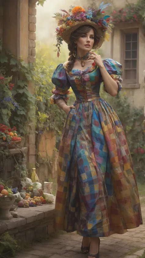 Nurse in Victorian hospital attire wearing a mad_colorful_checkers outrageous fashion outfit, (Looking at a watch, anticipation), in the background A vine-covered cottage in the heart of a Tuscan vineyard, where rows of grapevines stretch as far as the eye can see, and a warm breeze carries the scent of ripening fruitGorgeous splash of vibrant paint,