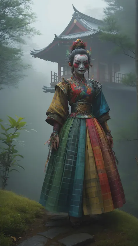Twisted form emerging from sinister fog wearing a mad_colorful_checkers outrageous fashion outfit, in the background A hilltop J...