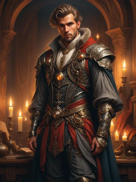 ais-rbts Man wearing an outrageous fashion outfit, Cozy medieval study with candlelight in the background,,,,  elegant, intricate, highly detailed, digital painting, artstation, concept art, smooth, sharp focus, illustration, art by artgerm and greg rutkowski and alphonse mucha H 1024 W 832