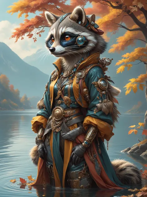 ais-rbts anthro Raccoon wearing an outrageous fashion outfit, Tranquil lake reflecting autumn colors in the background,,,,  eleg...
