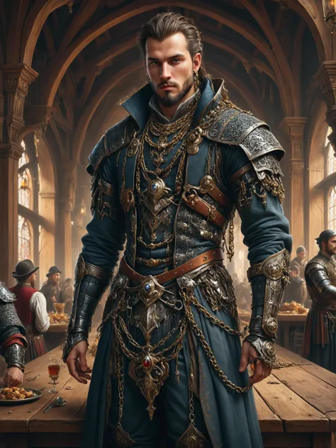 ais-rbts Man wearing an outrageous fashion outfit, Medieval feast hall with long wooden tables in the background,,,,  elegant, i...