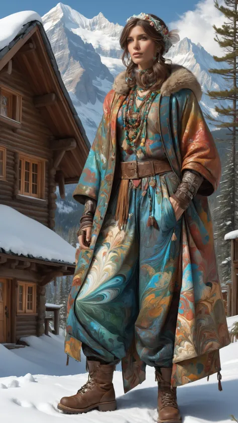 Street vendor with market wares wearing a mad-marbled-paper outrageous fashion outfit, in the background A mountain retreat, where a wooden cabin stands against a backdrop of snow-capped peaks, the air crisp with the scent of pine ,  crisp crisp, sharp focus, detailed, art by Greg Rutkowski and Moebius and Alphonse Mucha 