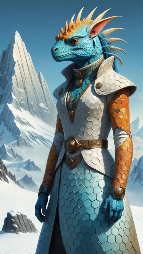 anthro Iguana wearing a madhxg outrageous fashion outfit, Snowy plateau with icy peaks in the background ,  photorealistic, awar...