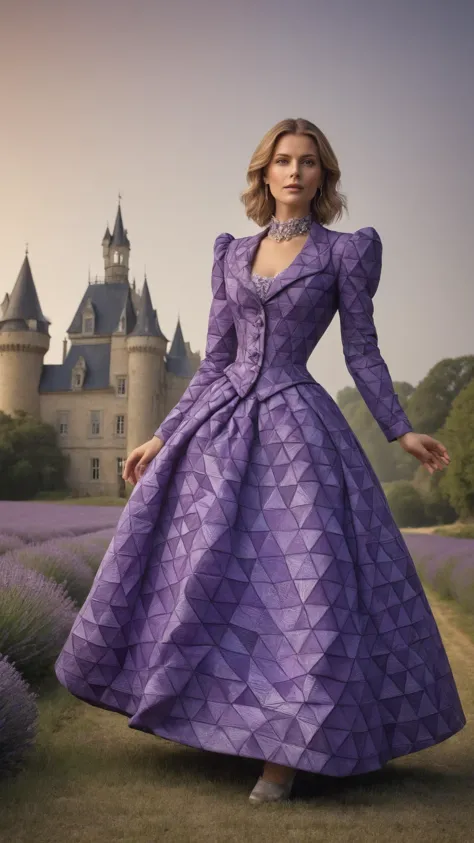 Victorian governess with prim demeanor wearing a mad-triangles outrageous fashion outfit, (Standing on tiptoes, playful energy), in the background A French château surrounded by lavender fields, where the scent of the purple blooms fills the summer airGorgeous splash of vibrant paint,