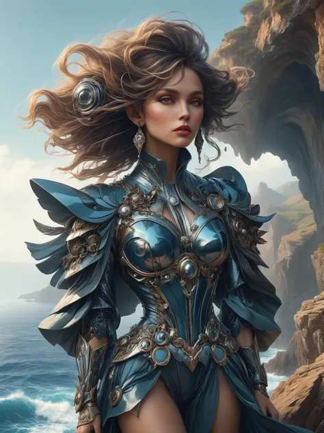 ais-rbts Woman wearing an outrageous fashion outfit, Coastal cliff with hidden sea caves in the background,,,,  elegant, sharp focus, illustration, highly detailed, digital painting, concept art, matte, art by WLOP and Artgerm and Greg Rutkowski and Alphonse Mucha, masterpiece
